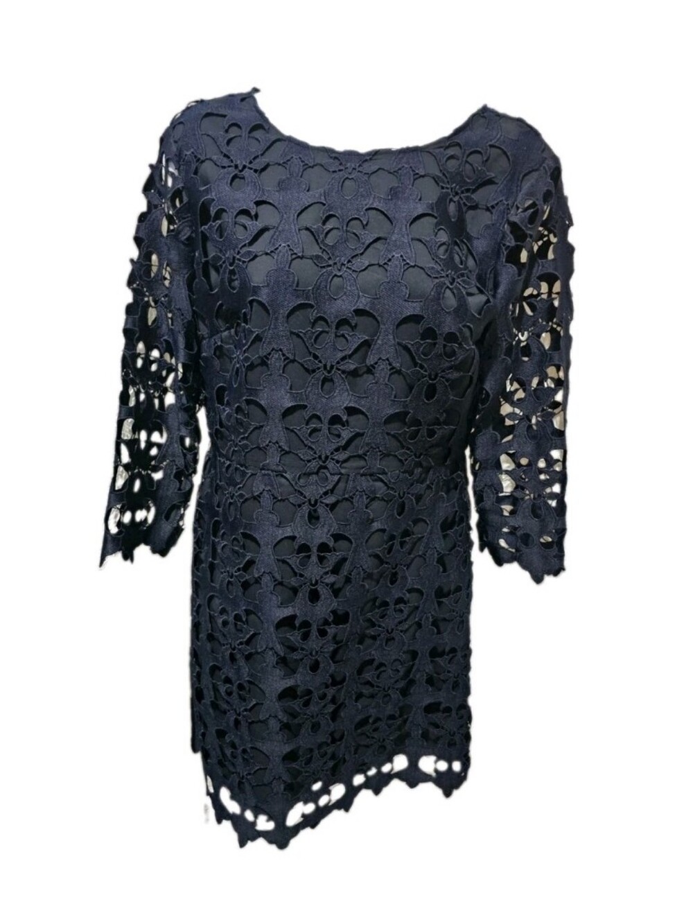 LOFT Navy Blue Damask Crochet Lace Sheath Dress Size 4 3/4 Sleeve Cocktail